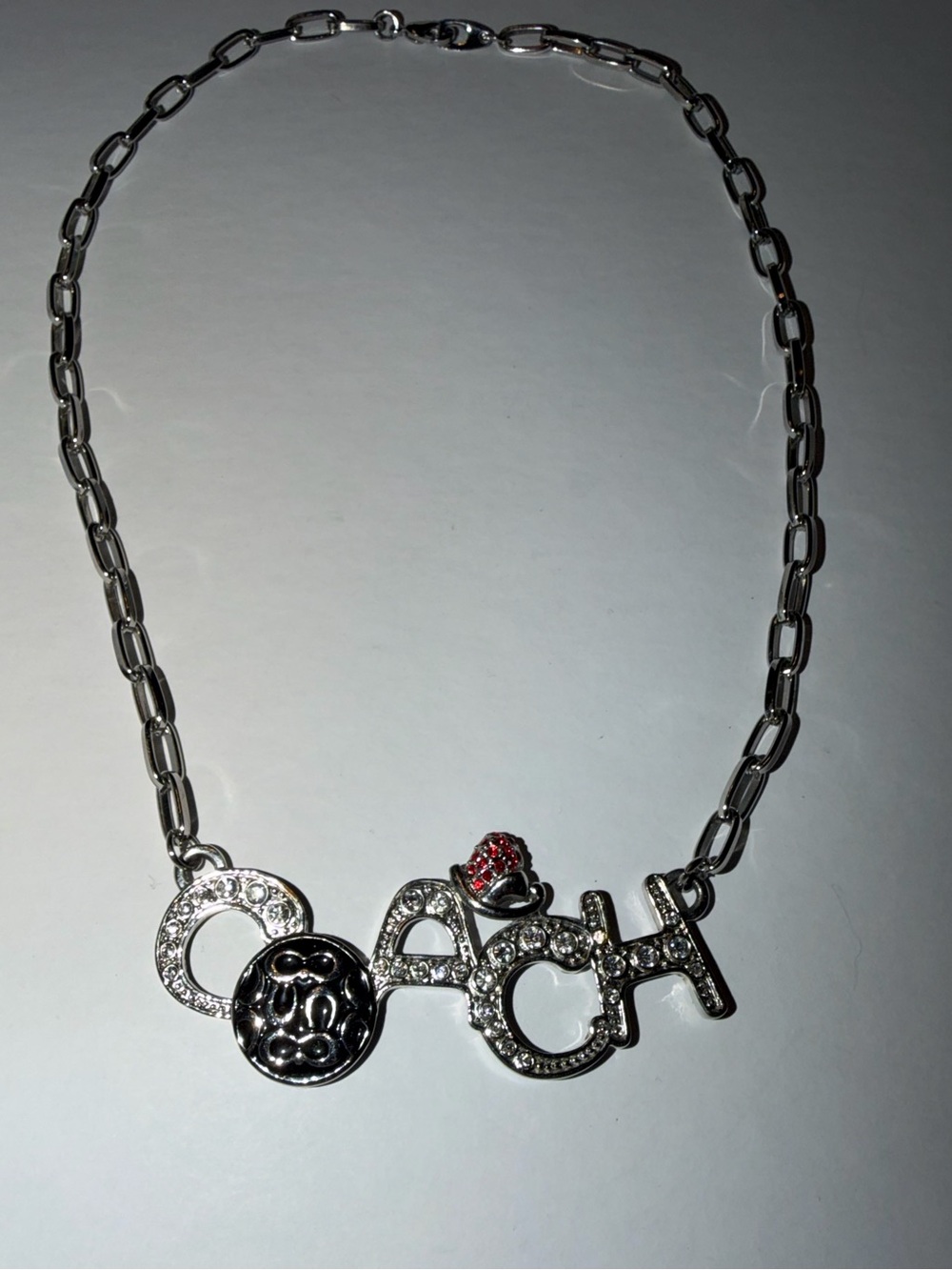 Vintage Coach Logo Silver-Tone With Rhinestone Necklace